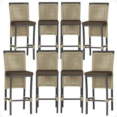 Imagem de 8 Banquetas Em Alumínio Roma Preta Corda Náutica Tecido 9 Rami