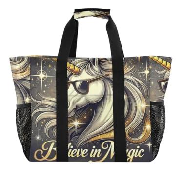Imagem de ODAWA Bolsa de lona resistente à água com brilho dourado de unicórnio legal para viagens e compras, bolsa estética diária para mulheres, Unicórnio brilhante dourado, One Size