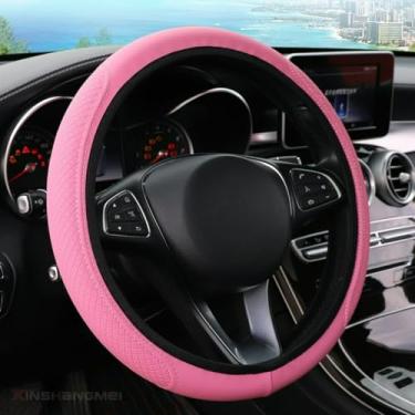 Imagem de Knonip Capa de volante de couro em relevo 3D, aderência confortável macia e luxuosa para carros, capa de volante universal de 35 a 38 cm, atualização interior elegante para Sedan, SUV, caminhão (rosa)