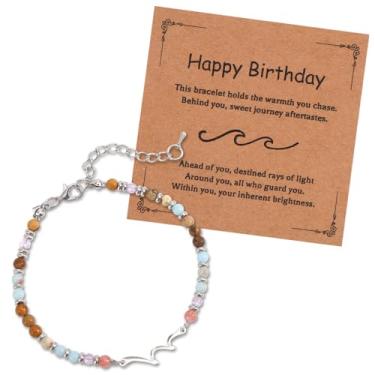Imagem de Pulseira Wave Feminina, Pulseira Ajustável com Contas Pedra Natural de 4mm com Cartão para Melhor Amiga Irmã Mãe Filha Aniversário Natal e dia dos Namorados