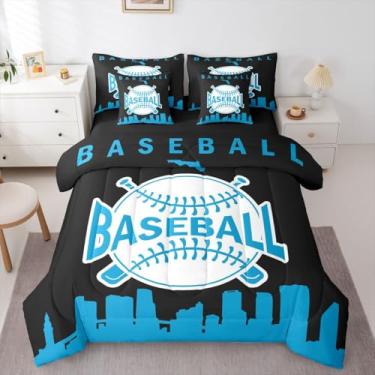 Imagem de Jogo de cama solteiro de beisebol com 7 peças, silhueta de edifício de cidade, para crianças, adolescentes e adultos, conjunto de cama para meninos, jogos de esportes, azul e preto (Miami)