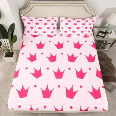 Imagem de Jogo de cama solteiro com coroa rosa, círculos geométricos, bolinhas, para crianças, meninas, adolescentes, estilo princesa, simples, sonhador, com 1 fronha (sem lençol de cima)