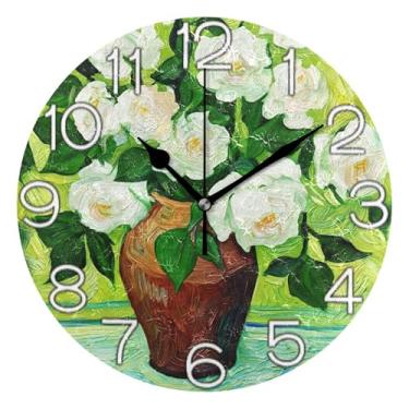 Imagem de GAIGEO Relógio de parede analógico decorativo operado por bateria relógio de sala de aula, decoração de parede retrô moderna art déco, flores florais rosas brancas, 25 cm, ponteiros pretos