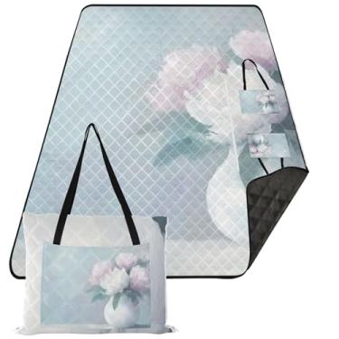 Imagem de TSENQUE Manta de praia à prova de areia com pintura de flor de peônia rosa pastel impermeável embalável cobertor de piquenique fofo cobertor dobrável 203 cm x 152 cm