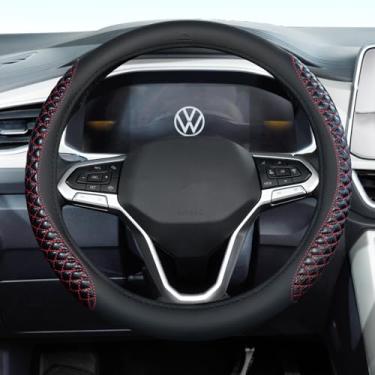 Imagem de Capa de volante de carro, capa de volante preta e vermelha em couro nappa, universal de 35 a 38 cm, antiderrapante, protetor de volante respirável para mulheres e homens