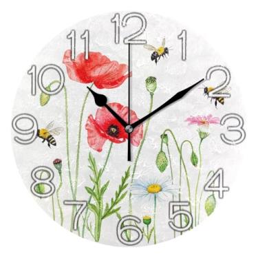 Imagem de GAIGEO Relógio de parede decorativo floral vermelho abelha aquarela flor analógico relógio de cozinha rústico operado a bateria, decoração de parede de casa de fazenda moderna, 25 cm, ponteiros pretos