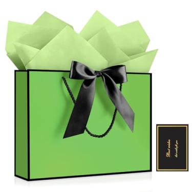 Imagem de JMANNI 1 bolsa de presente grande com fita e 1 cartão de felicitações, 2 papéis de seda, bolsa de presente de papel portátil com alças, sacos de presente de aniversário para festa de casamento, dia