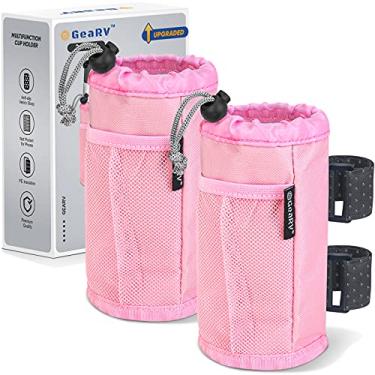 Imagem de GEARV Suporte de copo para bicicleta, scooter e cadeira de rodas, suporte de garrafa de água para UTV/ATV, andador, carrinho de golfe e praia, acessórios universais de suporte de bebida com bolso de