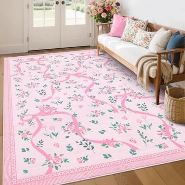Imagem de GarveeHome Tapetes Coquette rosa para quarto de meninas, 15 x 23 cm para sala de estar com pelo baixo macio, tapete lavável com laço floral antiderrapante, 15 x 23 cm para berçário, sala de jogos