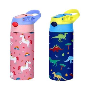 Imagem de Garrafa Térmica Infantil De 350ml Com Estampa De Animais Fofos E Canud