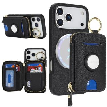 Imagem de Cavor Capa carteira compatível com MagSafe para iPhone 17 Pro Max com suporte para AirTag, 2 em 1 de couro PU, magnético, destacável, porta-cartões, anel com suporte, zíper, capa para celular para