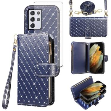 Imagem de Capa carteira compatível com Samsung Galaxy S21 Ultra 5G com zíper para celular e protetor de tela, alça transversal, flip com glitter, porta-cartões, capa para celular para S21ultra 21S S 21 21ultra