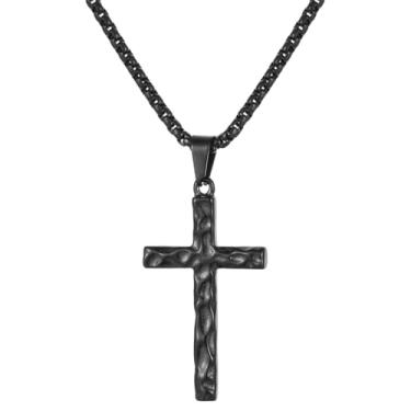 Imagem de TASBERN Colar de cruz de aço inoxidável martelado para homens, joias rústicas de fé cristã, presente, ouro, preto, prata, corrente de cruz para adolescentes, filho, batismo, primeira comunhão, Páscoa
