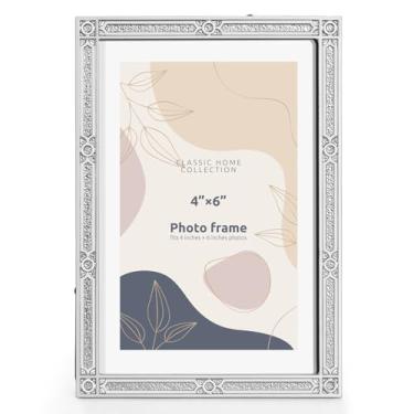 Imagem de FIHOO Porta-retrato de 10 x 15 cm com design de moldura de metal estilo vintage com suporte antigo de vidro de alta definição para mesa (prata-antigo)