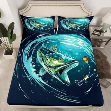 Imagem de jejeloiu Jogo de lençol casal para crianças, meninos, meninas, pescador, pescador, baixo e respirável, macio, leve, 3 peças