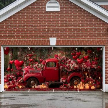 Imagem de Decoração de faixa de porta de garagem, grande decoração de capa de páscoa interna externa para casa, pano de fundo de festa de férias à prova d'água para varanda, quintal, parede (caminhonete floral