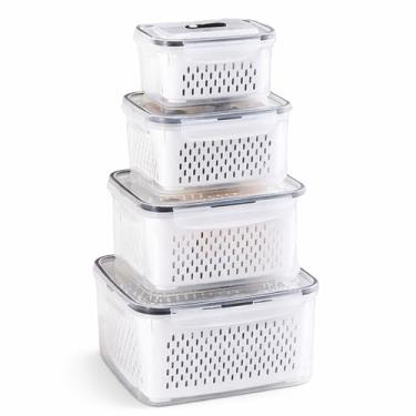 Imagem de Kit 4 Recipientes Herméticos com Escorredor Removível - Lavar, Drenar e Armazenar Prático para Frutas, Legumes, Marmitas para Geladeira, Freezer e Micro-ondas