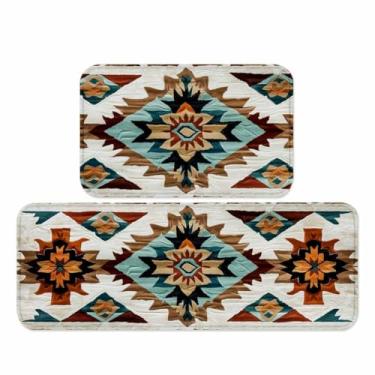 Imagem de YWZDS Conjunto de 2 tapetes de cozinha rústicos Navajo, mistura de algodão geométrico asteca, linho, antiderrapante, para casa, escritório, quarto, banheiro, lavanderia, presente do sudoeste, 43 x 73