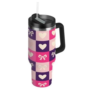 Imagem de ATTX Copo de fita quadriculado de 1,134 g com alça, copo de aço inoxidável a vácuo de parede dupla com palha, caneca de café de viagem isolada #89