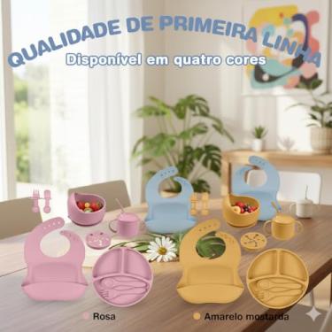 Imagem de Kit de Alimentação para Bebê 8 Peças em Silicone Livre de BPA, com Ventosa Antiderrapante, Prato Divisório e Babador, Presente para Introdução Alimentar(Amarelo)