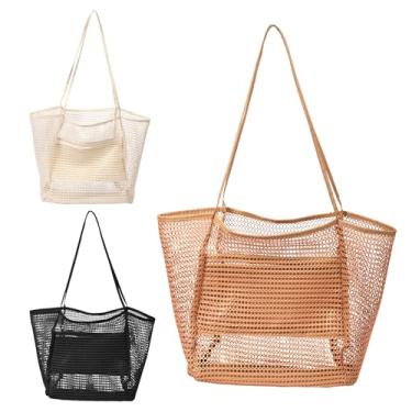 Imagem de KHZSPP Pacote com 3 bolsas de praia dobráveis, bolsa de praia grande de malha com bolso interno e zíper para férias, viagem, estádio de natação, mercado de fazendeiros