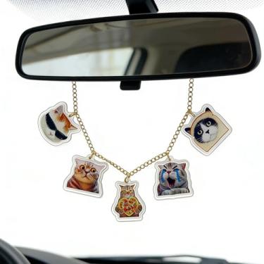Imagem de Acessório de corrente de pingente de espelho retrovisor de gato, pingentes retrovisores dourados, enfeite de pingente de pendurar na visão traseira de carros, presentes de gato para mulheres, homens