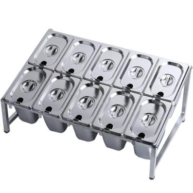 Imagem de Conjunto de suporte de temperos de aço inoxidável 304 – 8 panelas comerciais com colheres e tampas, suporte organizador de 2 fileiras, prateleira de armazenamento de bancada de cozinha, prata (57 x 35