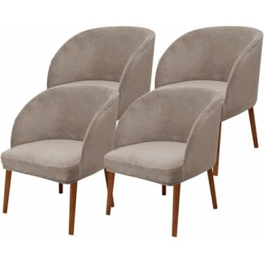 Imagem de Capa removível de veludo para cadeira de jantar com encosto arredondado e sem braços.