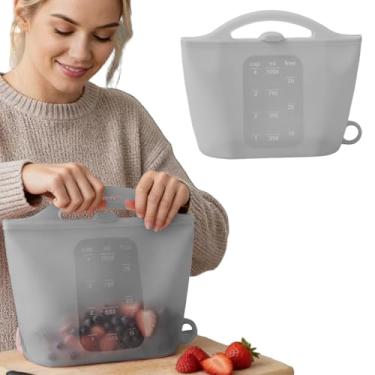 Imagem de Tigela reutilizável de silicone de 1 litro de armazenamento de alimentos com alça, sous vide, lavável na máquina de lavar louça, forno e freezer para preparação de refeições de cozinha (cinza)