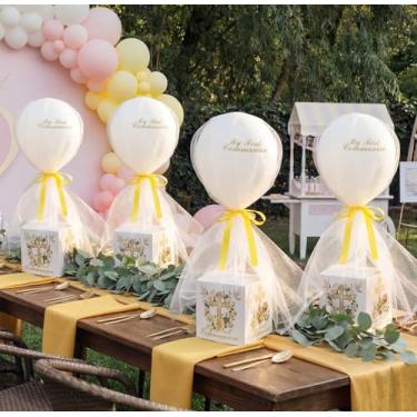 Imagem de Soulchen 6 conjuntos de balões de decoração de primeira comunhão com caixa de mesa de batismo de primeira comunhão decoração de 60 cm balões tutu de tule com suporte para batizado chá de bebê