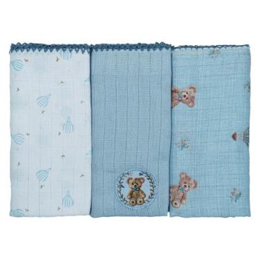 Imagem de Fralda de Pano para Bebê 68 cm x 70 cm 3 Unidades Baby Joy, Urso Azul