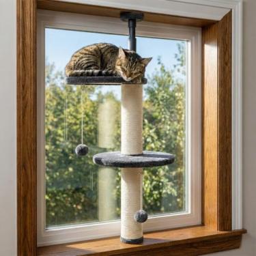 Imagem de AD Furnishes Árvore para gatos e torre para gatos pequenos (89,5 a 105,5 cm) – Poleiro ajustável e prateleira para gatos internos – Assento extensor de peitoril de janela resistente para gatos grandes