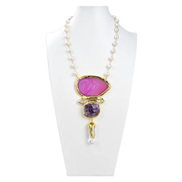 Imagem de DWBPGVUN Colar de corrente de rosário de pérola branca com fatia de ágata rosa vermelha, pingente de ponta de quartzo ametista 50,8 cm