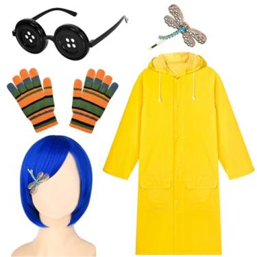 Imagem de JcHrmers Fantasia de Halloween de 5 peças, incluindo capa de chuva, peruca, luvas, óculos de botão e grampo de cabelo para mulheres, festa de desenho animado, cosplay