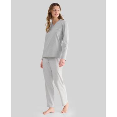 Imagem de Pijama Mescla Listrado Decote V - Lohe, Cinza, XXG