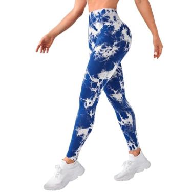Imagem de tincolia Meia-calça feminina de ioga moderna tie dye, sem costura, alta elasticidade, controle de barriga, calça de corrida - azul-GG