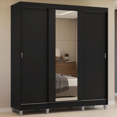 Imagem de Guarda-roupa Casal com Pés 3 Portas de Correr com Espelho Preto Reno Madesa