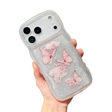Imagem de HOGGU Capa compatível com iPhone 17 Pro Max, linda ondulada [proteção total da câmera] capa de telefone borboleta brilhante com cartolina de glitter faça você mesmo, capa de telefone transparente de