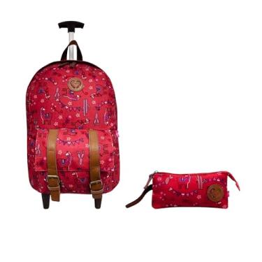Imagem de Mochila Rodinha Feminina Lhama Delicada Escolar Com Estojo na Cor Vermelha