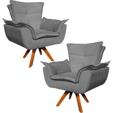 Imagem de Kit 2 Poltronas Decorativas Base Giratória Em Madeira Charger Suede Grafite G19 - Gran Belo