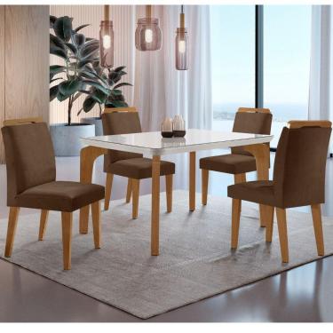 Imagem de Conjunto Mesa Liz 120cm Com Vidro Cp 4 Cadeiras Athenas Moderna Veludo Marrom Off White Imbuia