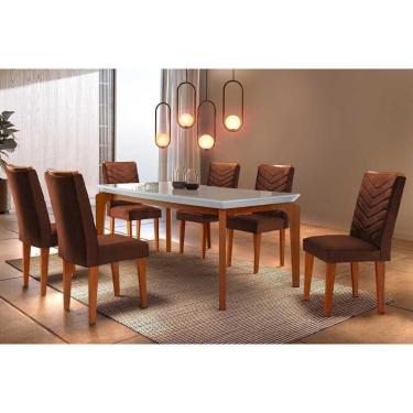 Imagem de Sala De Jantar Completa Londrina C- Tampo Madeirado Canto Reto 180x90cm E 6 Cadeiras Londrina Imbuia - Veludo Marrom - Rufato