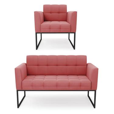 Imagem de Kit 1 Sofá Namoradeira E 1 Poltrona Elisa Suede Base Metálica Industrial Preto - D'rossi Cor Rose