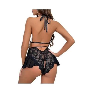 Imagem de Body Transparente Azul Com Renda E Decote Em V, Lingerie De Uma Peça P