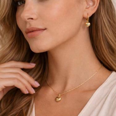 Imagem de Conjunto de Colar e Brinco Argolinha Coração Aço Inox 316L