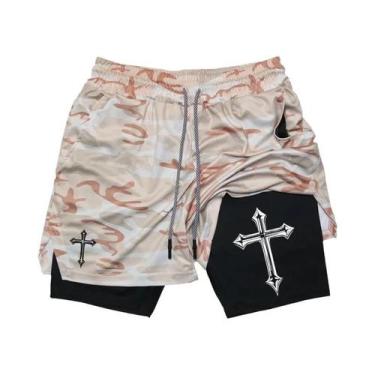 Imagem de Shorts De Corrida Masculinos Com Estampa De Cruz Cristã 2 Em 1 Para Tr