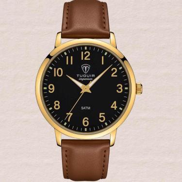 Imagem de Relógio Masculino Tuguir Clássico Social Couro Preto Analógico Quartz Caixa Prata 5ATM Resistente Água Elegante TC30489