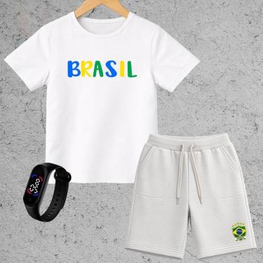Imagem de Conjunto Infantil Brasil Camiseta e Short Moletinho Menino Roupa Copa Estilo Esportivo Confortável-Masculino