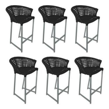 Imagem de Kit 6 Banquetas Reis Em Corda Náutica E Base Em Alumínio Cinza Para ár