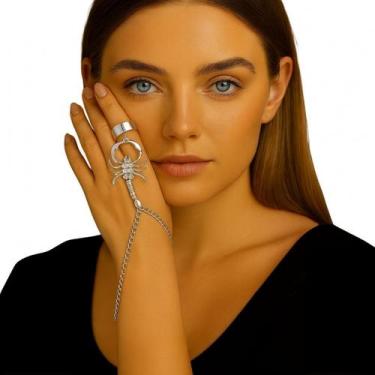 Imagem de Pulseira com Anel Escorpião Prateado Feminina com Strass - anjo da mam